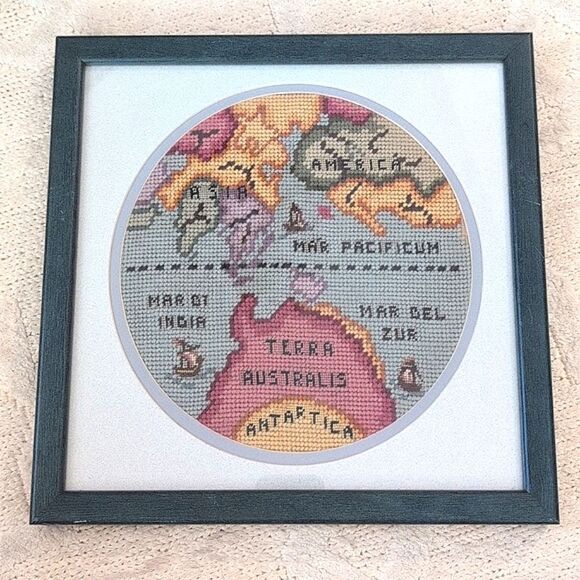 Vintage Framed Handmade Needlework Old World Map Embroidery Art Set of 2 - Picture 11 of 12